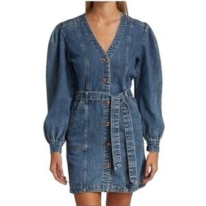 Jonathan Simkhai Standard Denim Mini Dress Blue Acid Wash Puff Sleeve Belted XS